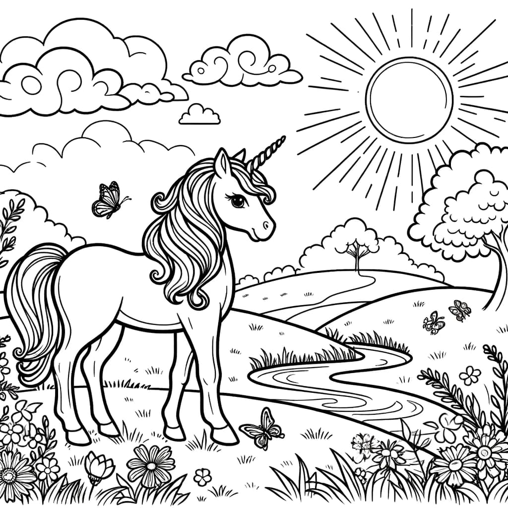 Ausmalbild - Das Einhorn im sonnigen Wiesenland - Einhorn, Wiese, Sonne, Blumen