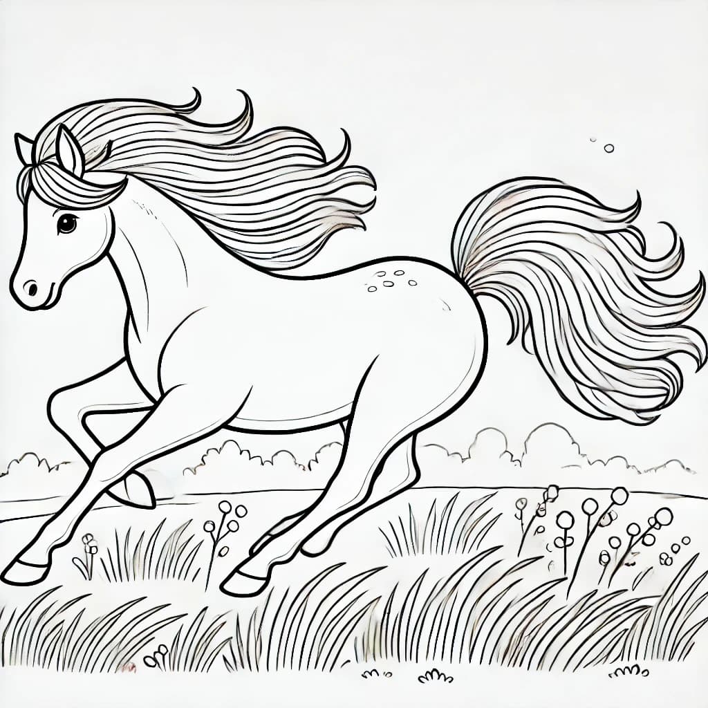 Ausmalbild - Galoppierendes Pferd auf der Wiese - Pferd, Wiese, Galopp, Mähne