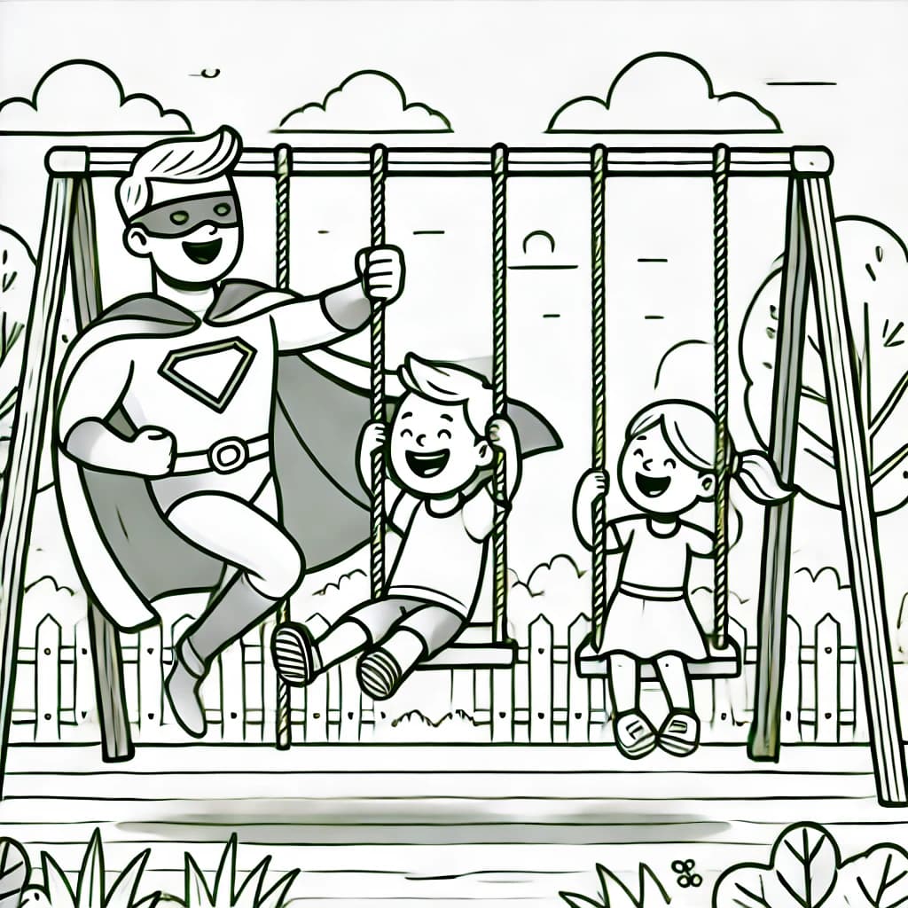 Ausmalbild - Superheldenschaukel im Park - Superheld, Park, Schaukel, Kinder