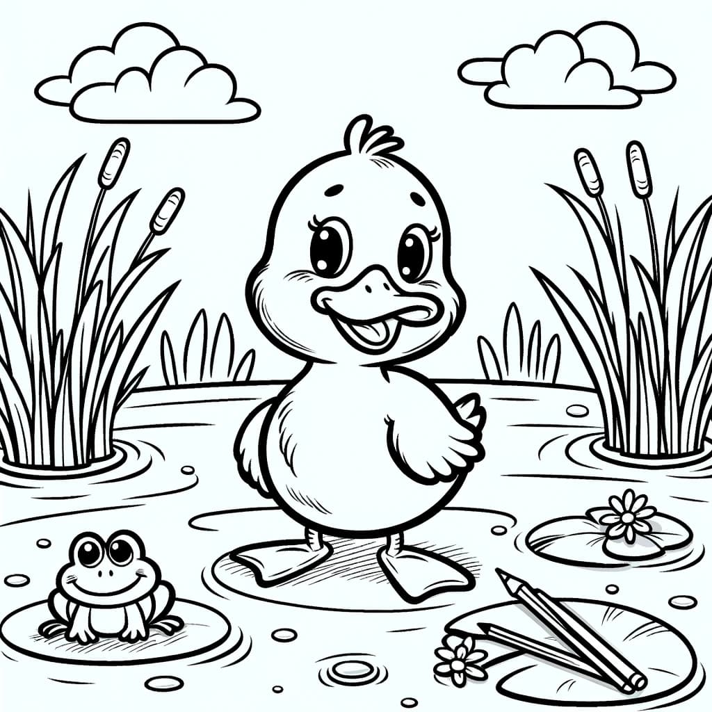 Ausmalbild - Fröhliche Ente am Teich - Ente, Teich, Schilf, Frosch