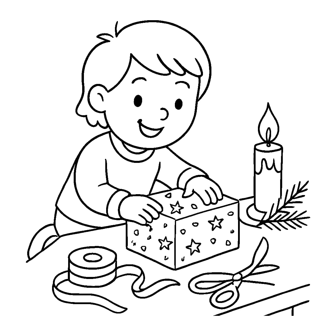 Ausmalbild - Kind wickelt ein Geschenk ein - Advent, Geschenk, Vorfreude, Kind