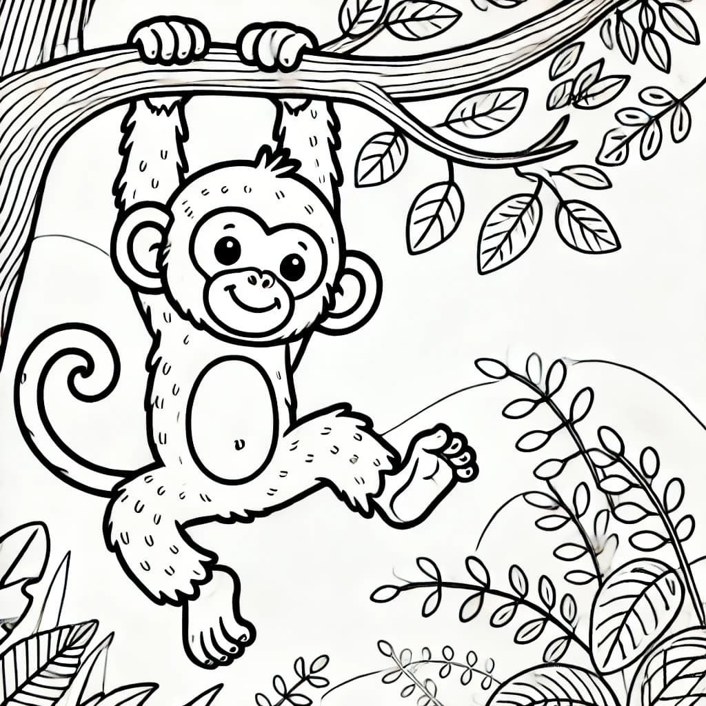 Ausmalbild - Fröhlicher Schimpanse im Dschungel - Schimpanse, Affe, Dschungel, Baum