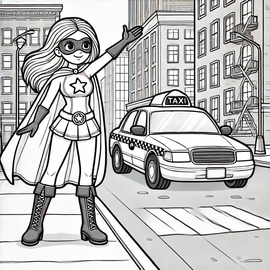 Ausmalbild - Die Superheldin ruft ein Taxi - Superheldin, Taxi, Stadt, Fliegen