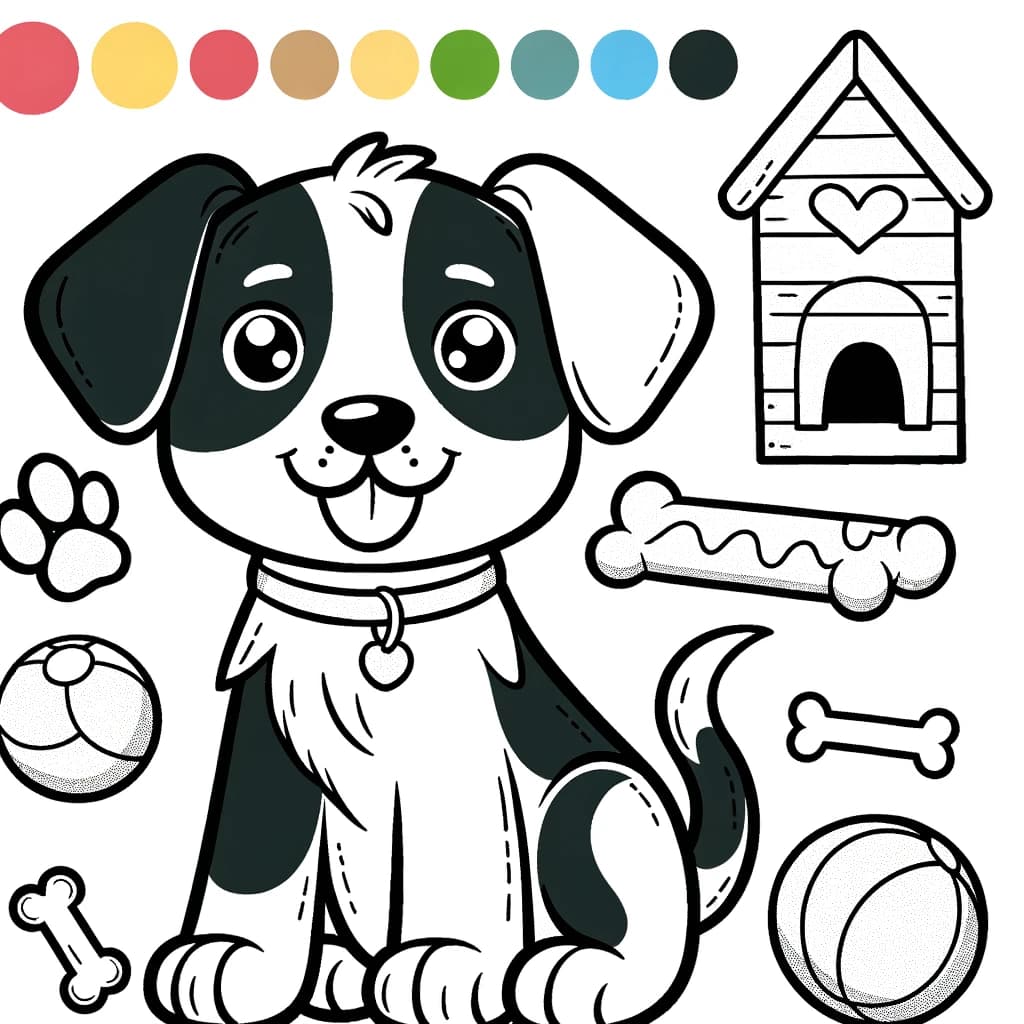 Ausmalbild - Fröhlicher Hund und sein Spielzeug - Hund, Ball, Knochen, Hundehütte