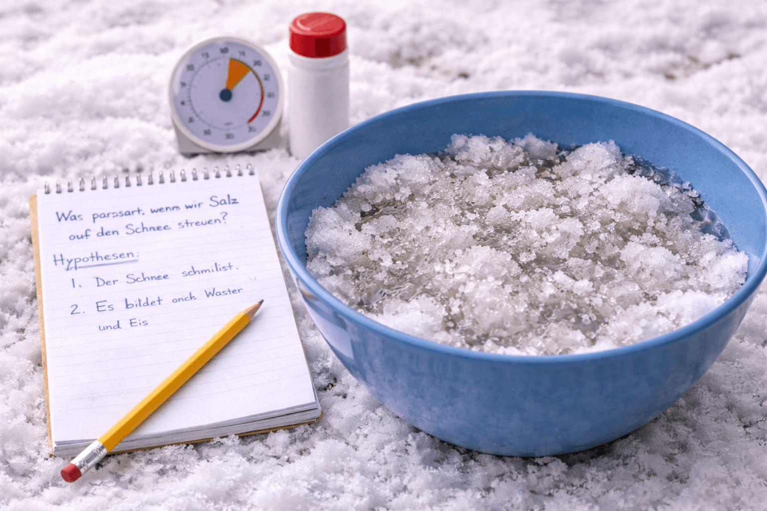 Experiment - Schnee und Salz: Warum Salz Schnee schmelzen lässt - Schnee-Experiment mit Salz und Kontrollprobe – ab 4 Jahren, 30 Minuten, mit Erklärung, warum im Winter gestreut wird.