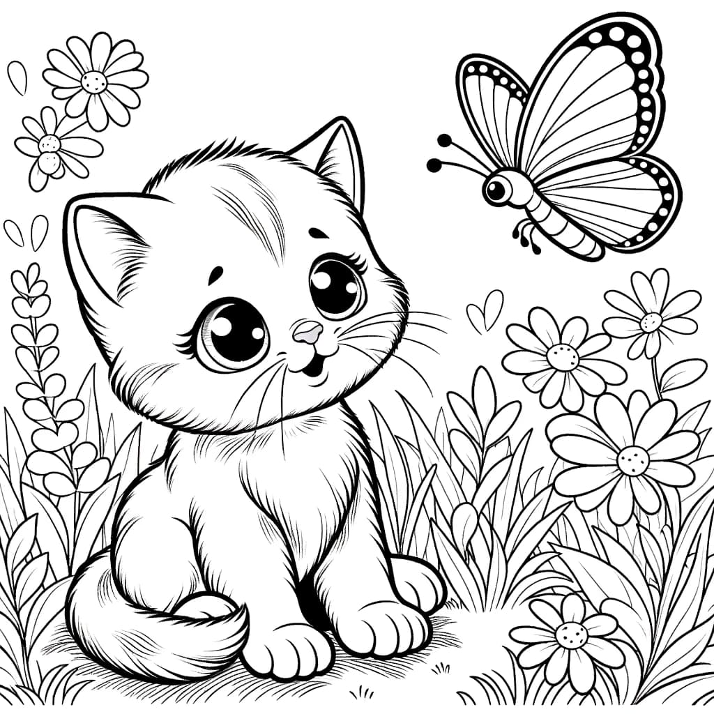 Ausmalbild - Verspieltes Kätzchen und Schmetterling - Kätzchen, Schmetterling, Blumen, Gras