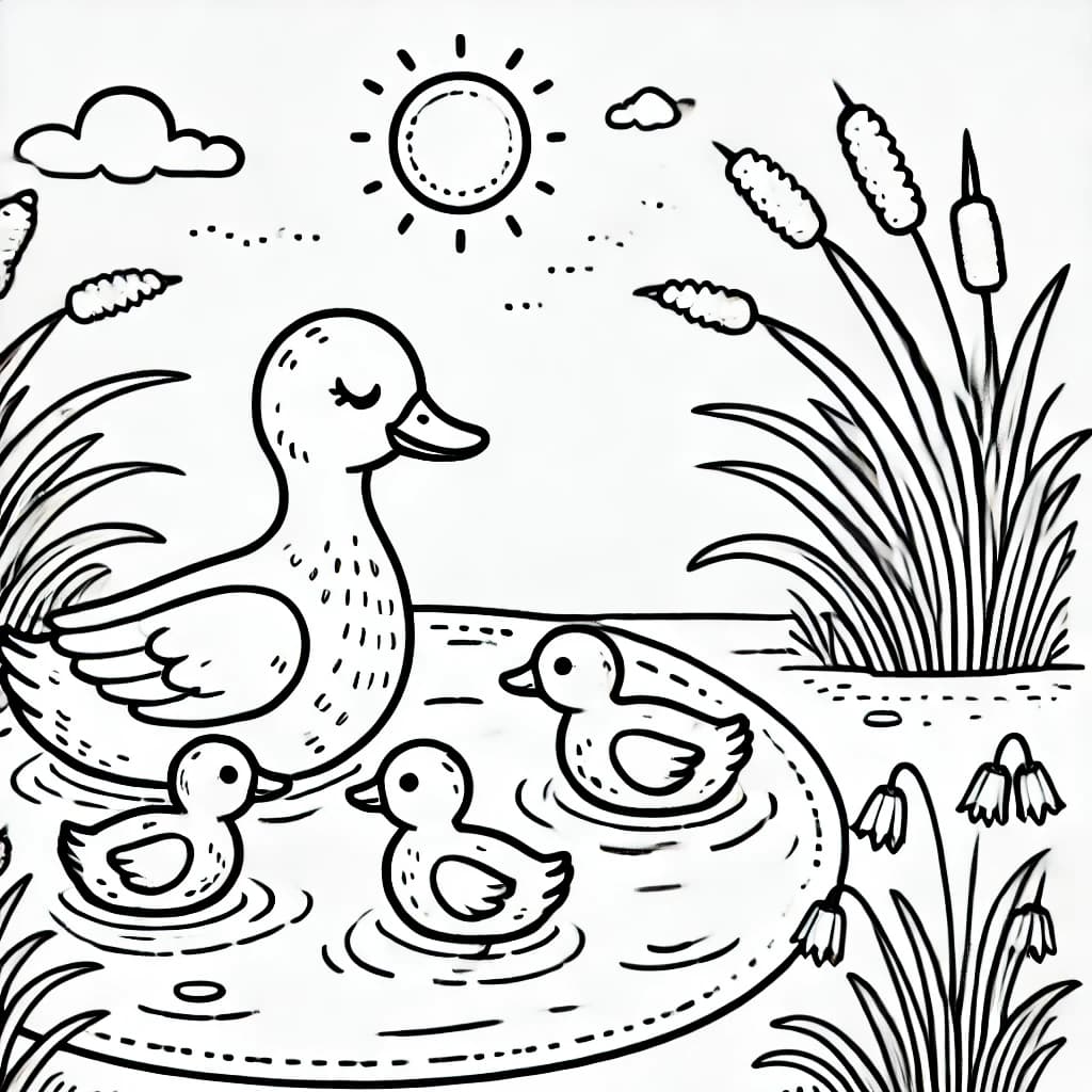 Ausmalbild - Entenfamilie am Teich - Ente, Entenfamilie, Teich, Natur