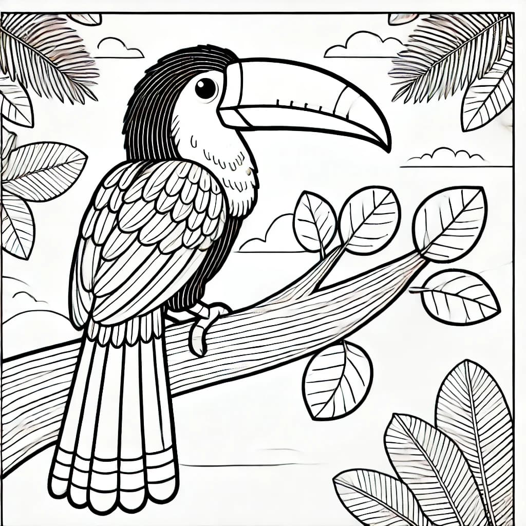 Ausmalbild - Araçari auf einem Ast - Vogel, Araçari, Dschungel, Baum