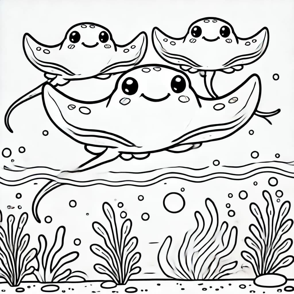 Ausmalbild - Familie Rochen im Ozean - Rochen, Meer, Tiere, Familie