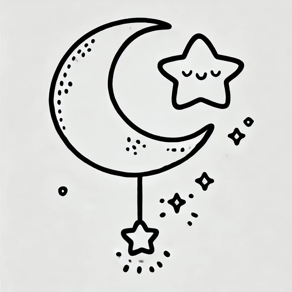 Ausmalbild - Mond mit baumelndem Stern - Mond, Stern, Himmel, Nacht