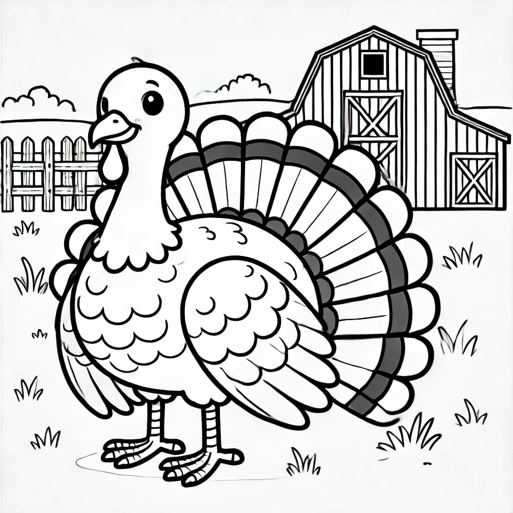 Ausmalbild - Truthahn auf dem Bauernhof - Truthahn, Bauernhof, Zaun, Scheune