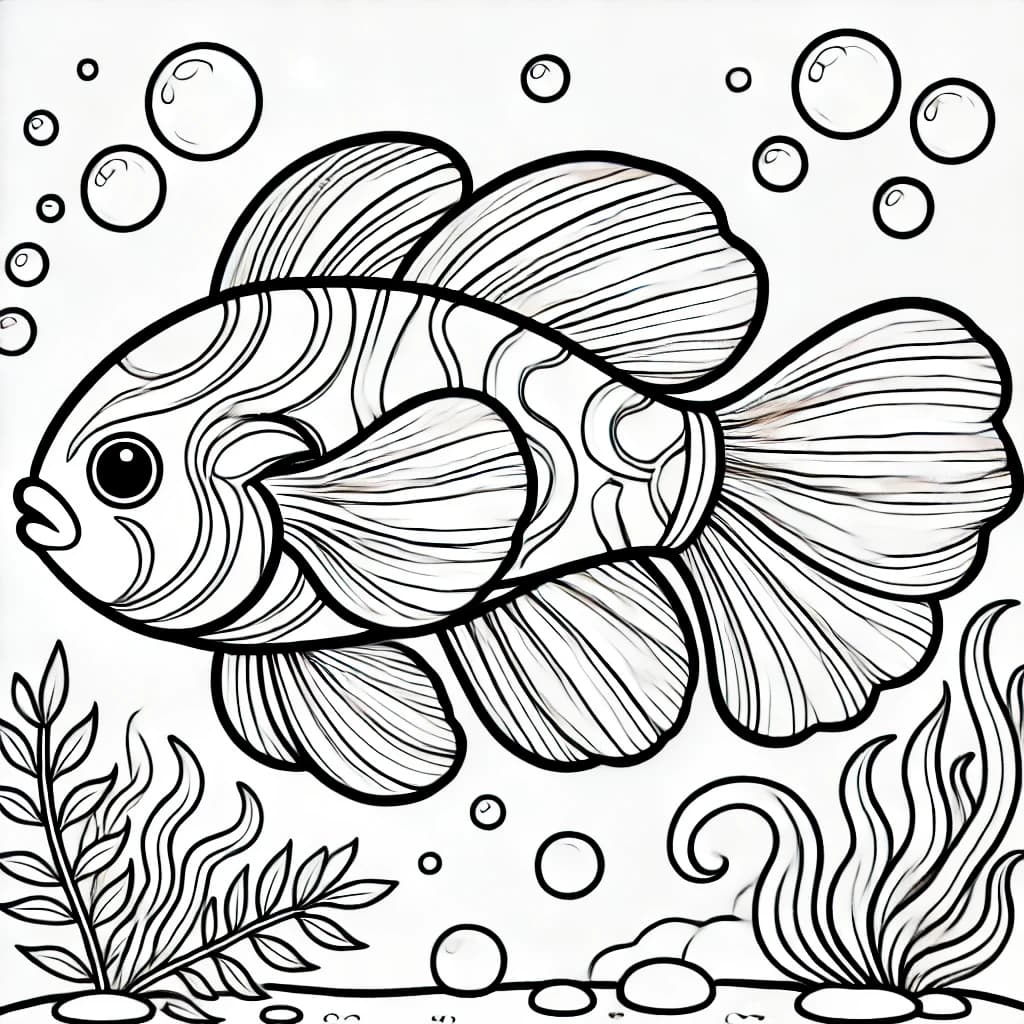 Ausmalbild - Mandarinfisch im Wasser - Fische, Mandarinfisch, Meer, Unterwasser
