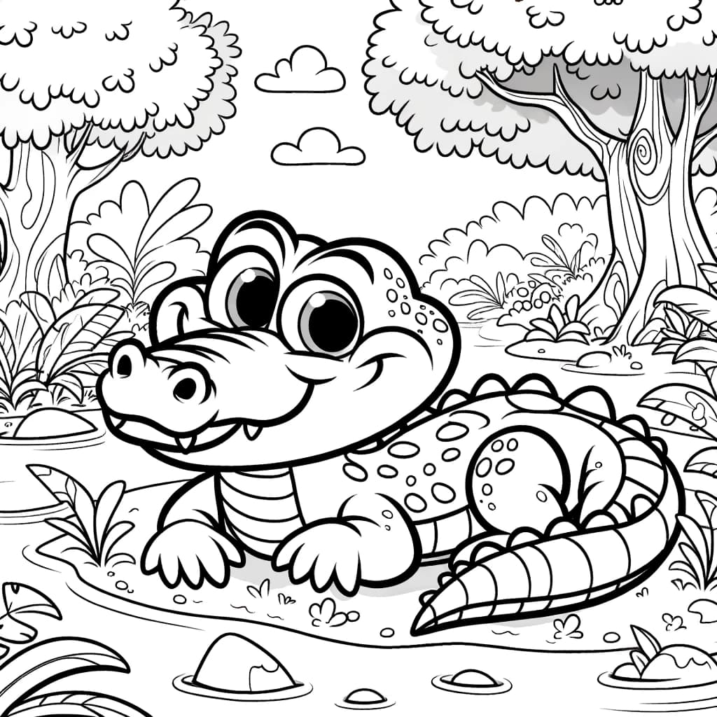 Ausmalbild - Krokodil im Dschungelabenteuer - Krokodil, Dschungel, Bäume, Fluss