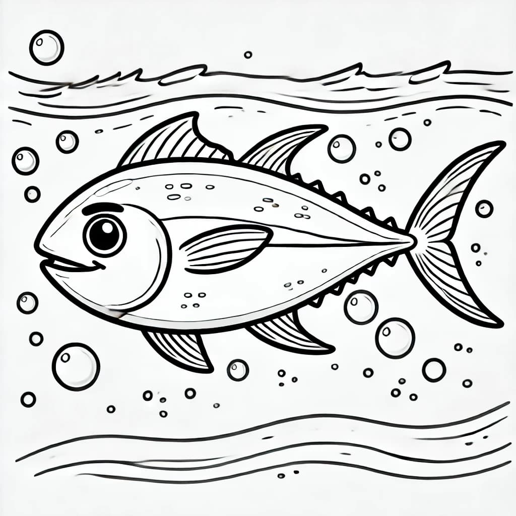 Ausmalbild - Fröhlicher Thunfisch im Ozean - Thunfisch, Meer, Fische, Ozean