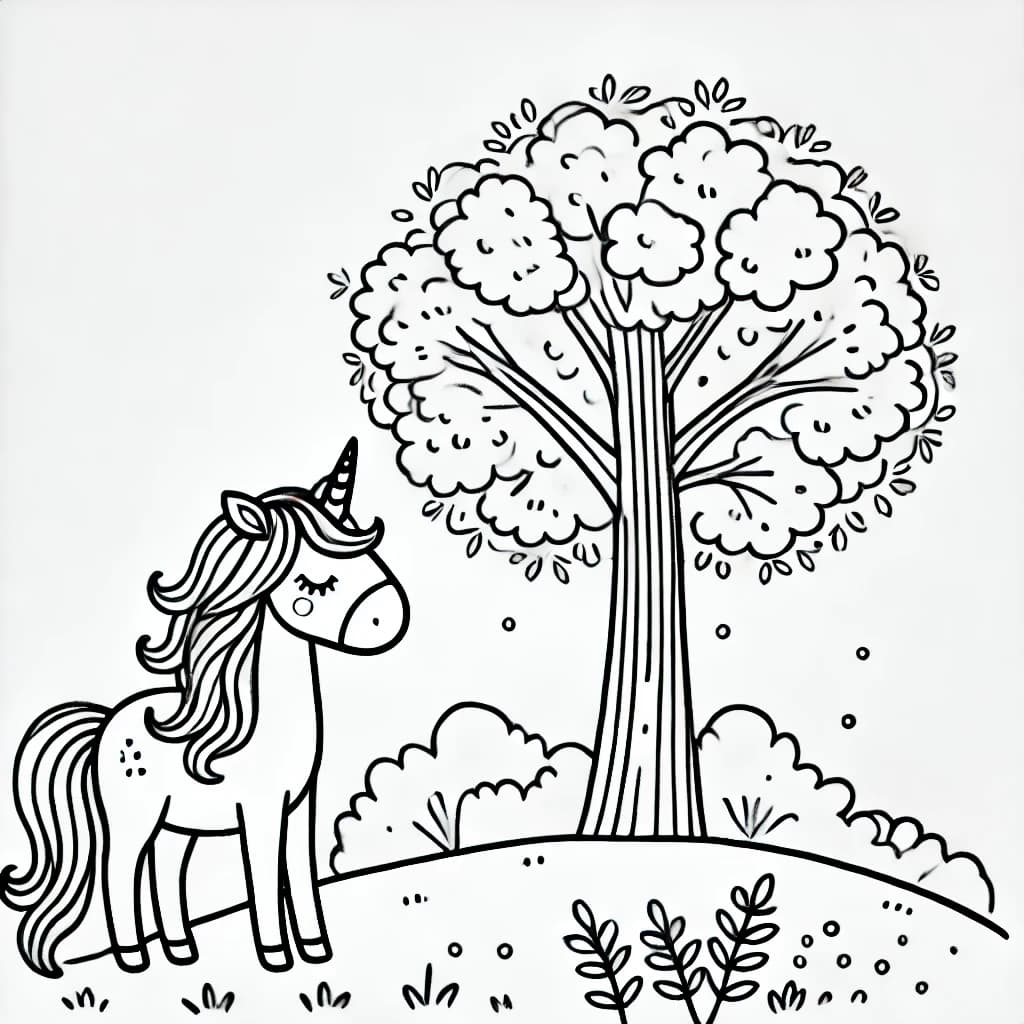 Ausmalbild - Friedliches Einhorn auf der Wiese - Einhorn, Wiese, Baum, Fantasie