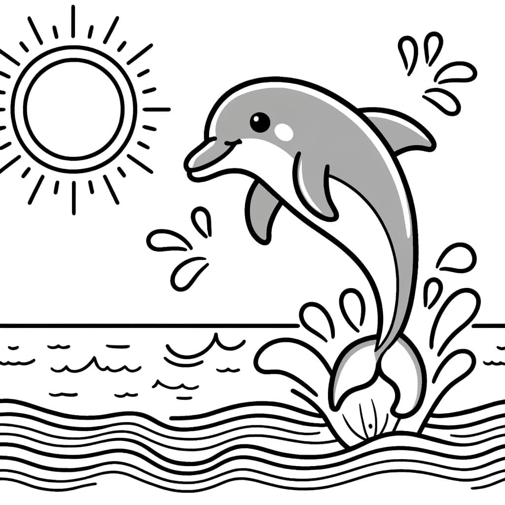 Ausmalbild - Der fröhliche Delfin - Delfin, Ozeanwellen, Sonne, springen