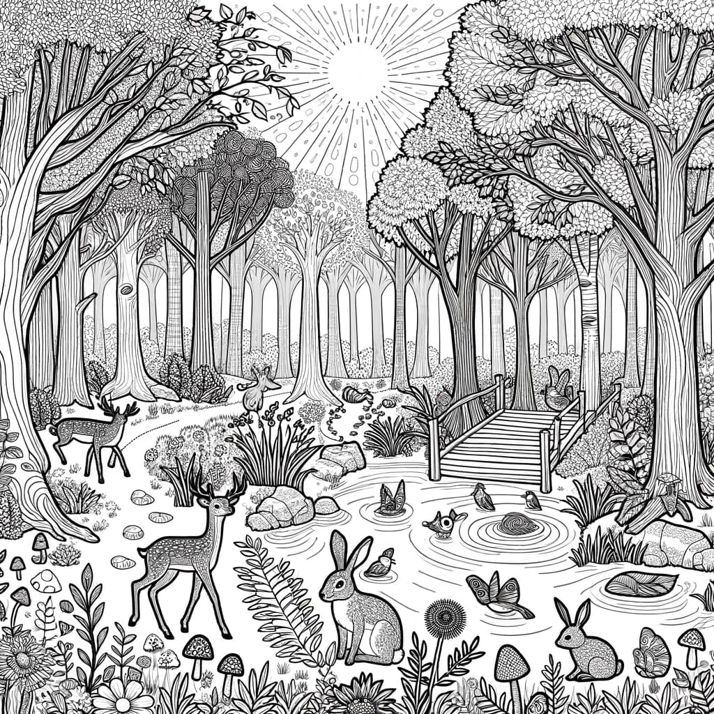 Ausmalbild - Der friedliche Wald - Wald, Teich, Rehe, Hasen