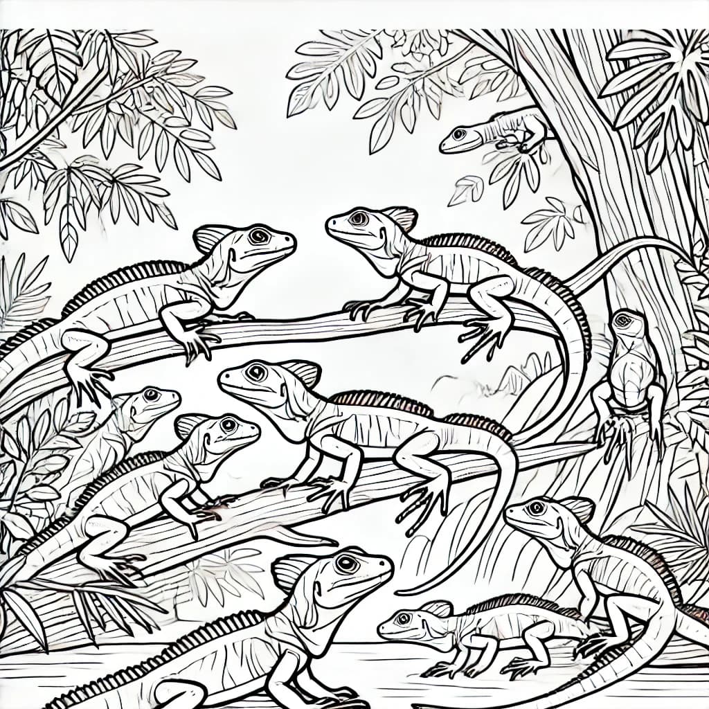 Ausmalbild - Stirnlappenbasilisken im Dschungel - Basilisk, Echse, Dschungel, Reptilien