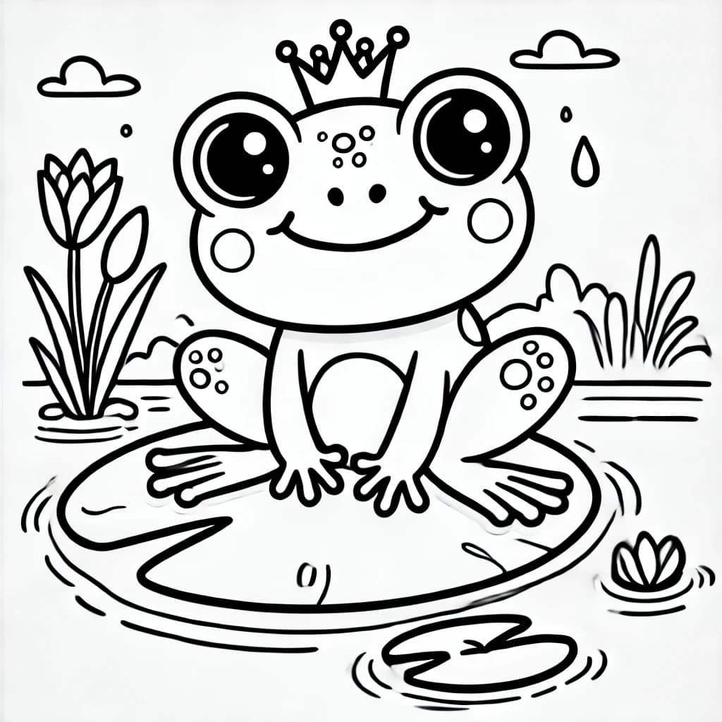 Ausmalbild - Der kleine Froschkönig - Frosch, Krone, Teich, Seerose