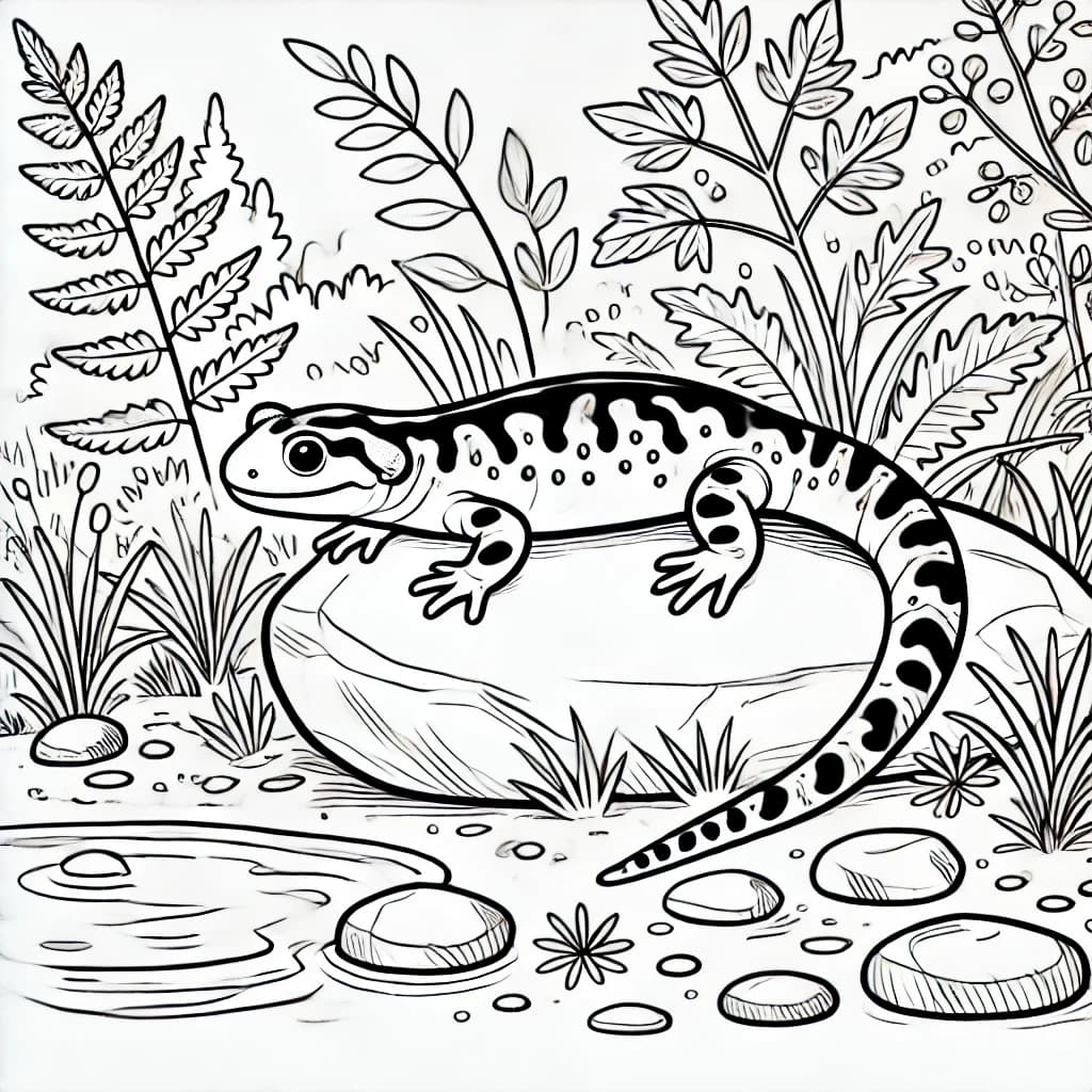 Ausmalbild - Tiger-Salamander am Teich - Salamander, Amphibien, Teich, Natur