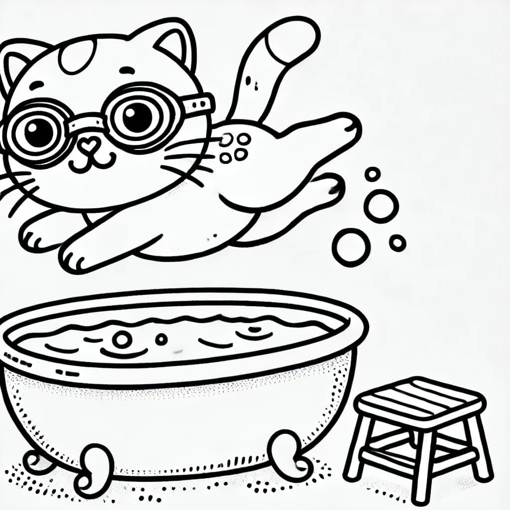 Ausmalbild - Katze mit Taucherbrille vor der Badewanne - Katze, Taucherbrille, Badewanne, Wasser