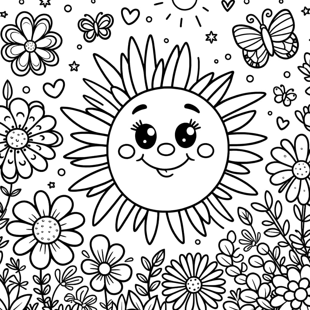 Ausmalbild - Fröhliche Sonne im Blumengarten - Sonne, Blumen, Garten, Schmetterlinge