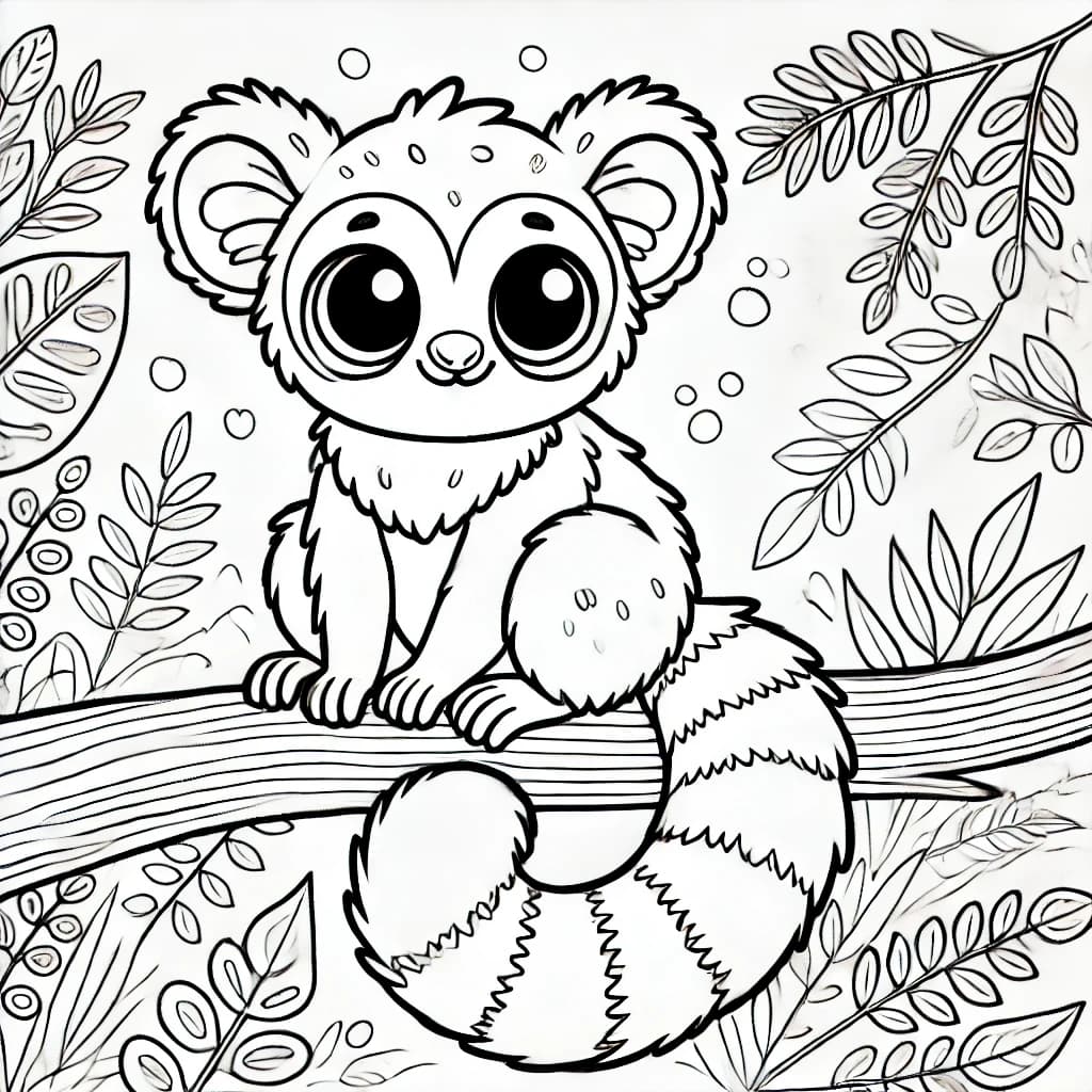 Ausmalbild - Mausmaki im Dschungel - Mausmaki, Lemur, Dschungel, Baum