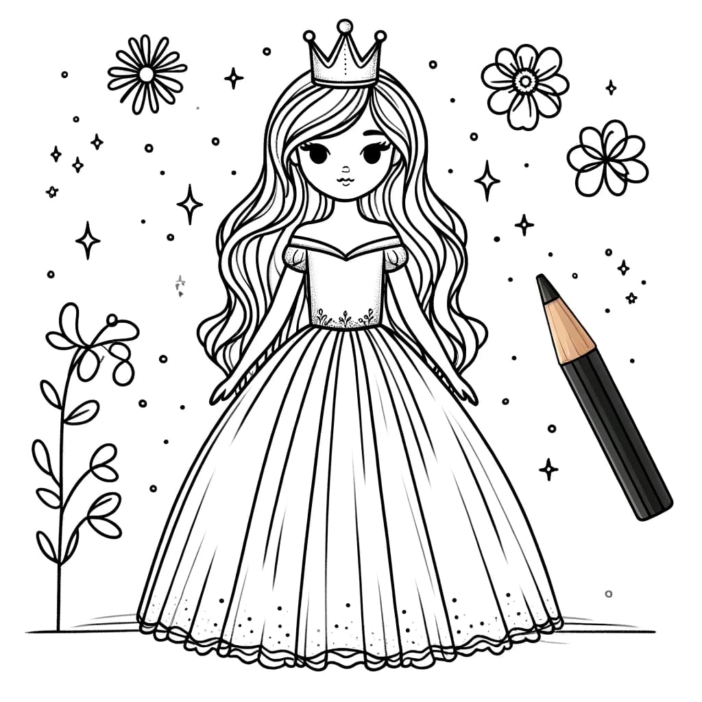 Ausmalbild - Prinzessin im Zauberwald - Prinzessin, Krone, Kleid, Blumen