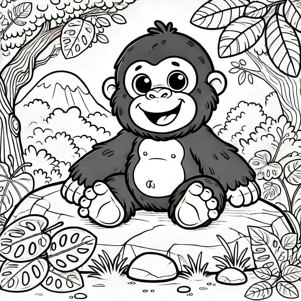Ausmalbild - Freundlicher Gorilla im Dschungel - Gorilla, Dschungel, Tiere, Affe