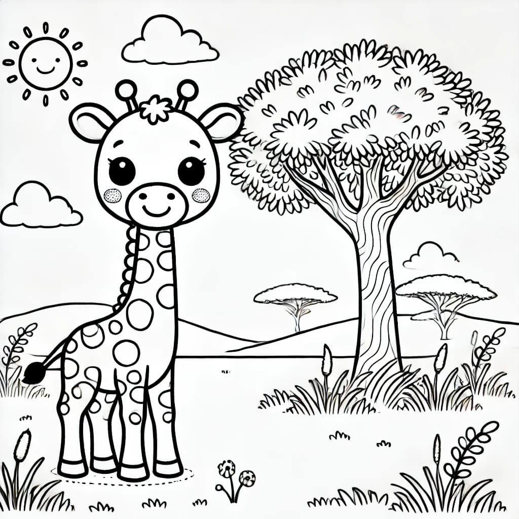Ausmalbild - Giraffe in der Savanne - Giraffe, Savanne, Baum, Sonne