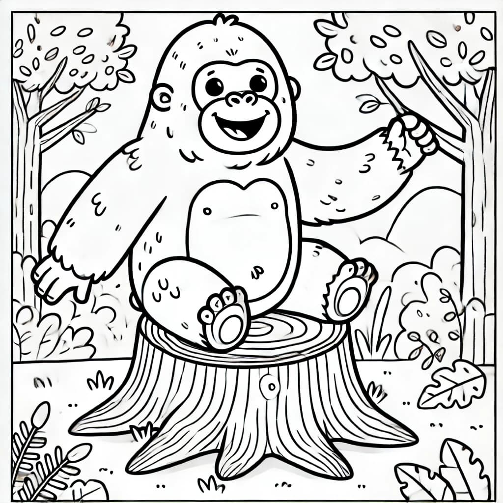 Ausmalbild - Freundlicher Gorilla im Dschungel - Gorilla, Dschungel, Tiere, Affe