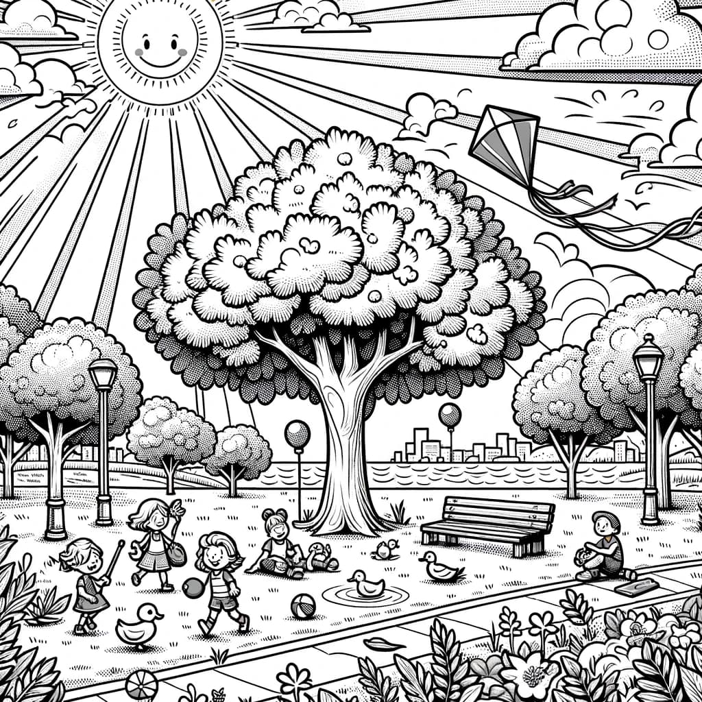 Ausmalbild - Sonniger Tag im Park - Park, Baum, Kinder, Spiel