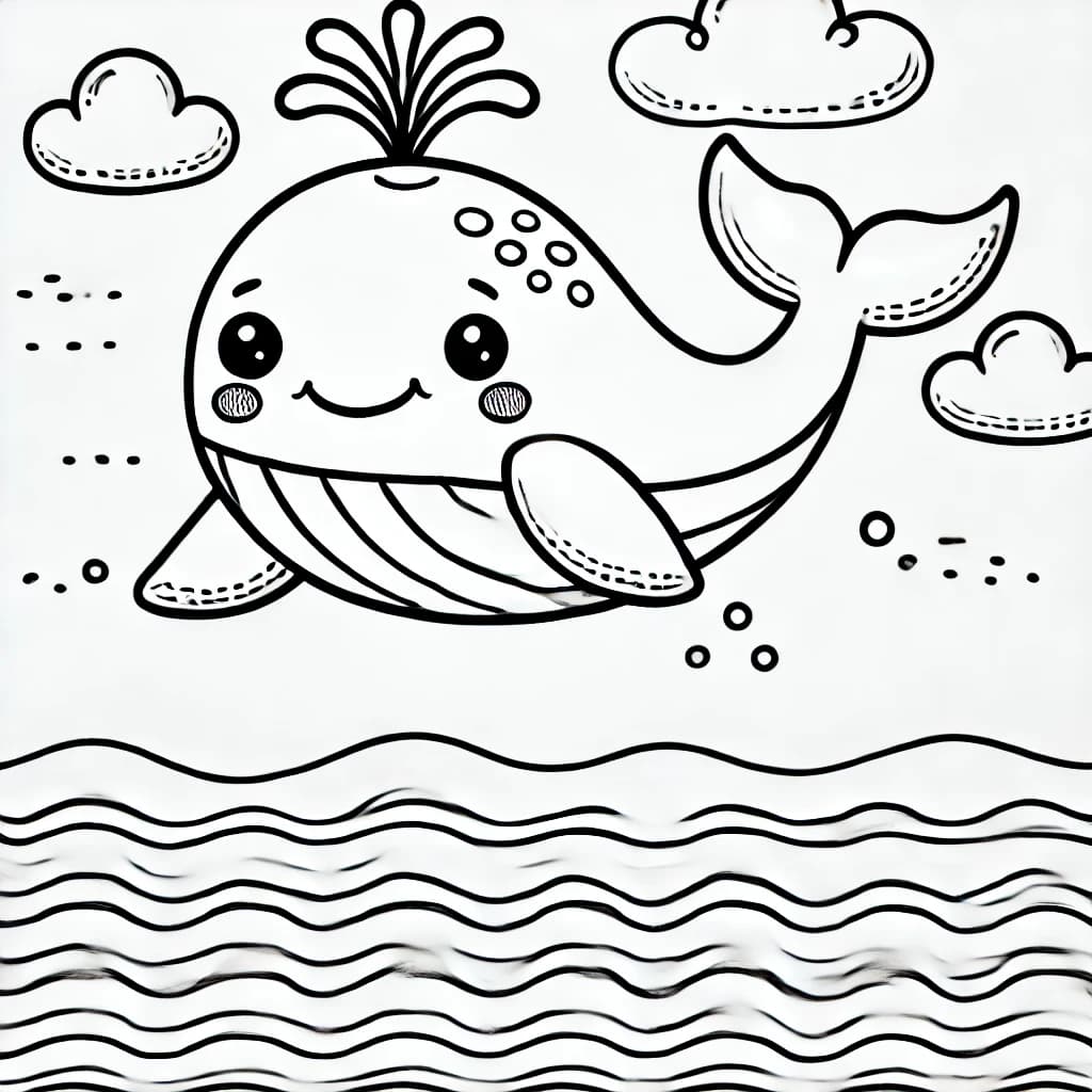 Ausmalbild - Freundlicher Wal im Meer - Wal, Meer, Wellen, Wasser