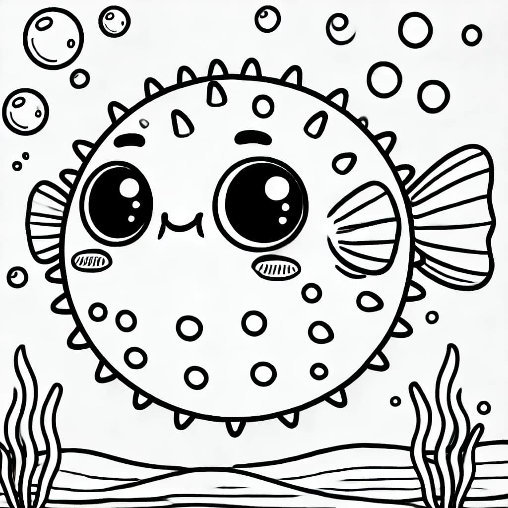Ausmalbild - Lustiger Kugelfisch im Meer - Kugelfisch, Meer, Wasser, Fische