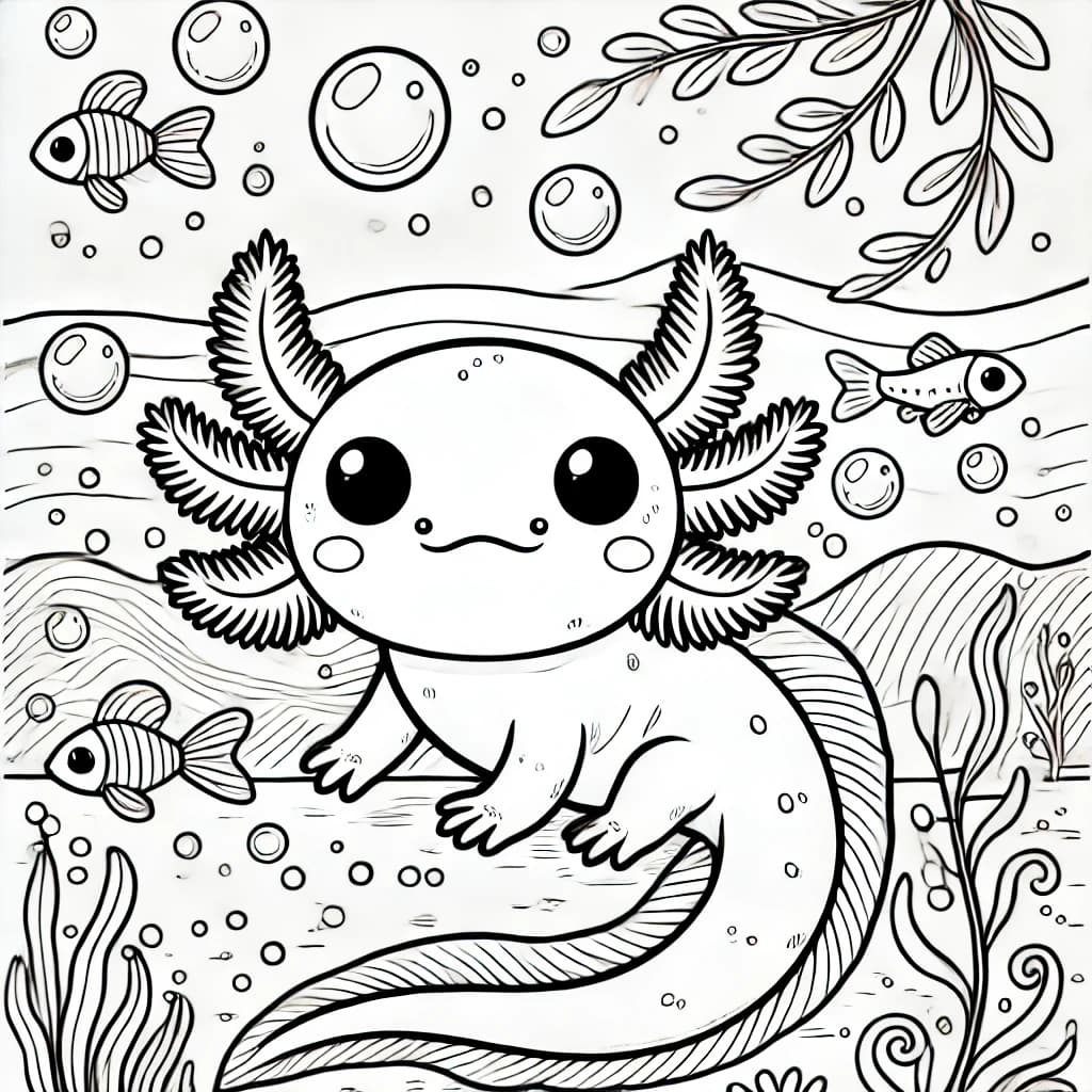 Ausmalbild - Axolotl unter Wasser - Unterwasser, Fische, Blasen, Pflanzen