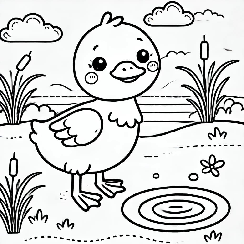Ausmalbild - Lustige Ente am Teich - Ente, Teich, Natur, Wolke