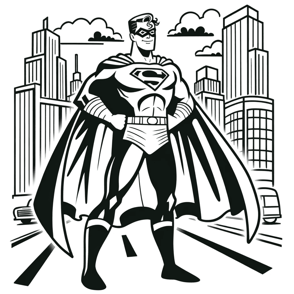 Ausmalbild - Superheld in der Stadt - Superheld, Umhang, Stadt, Hochhäuser