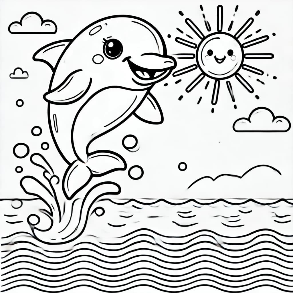 Ausmalbild - Fröhlicher Delfin im Meer - Delfin, Meer, Sonne, Wellen