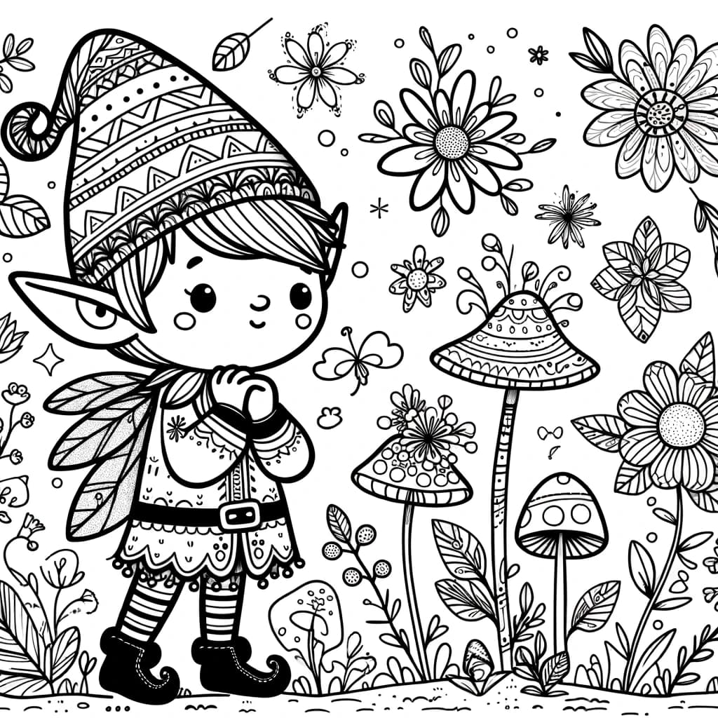 Ausmalbild - Elfen im Zauberwald - Elfen, Zauberwald, Blumen, Pilze