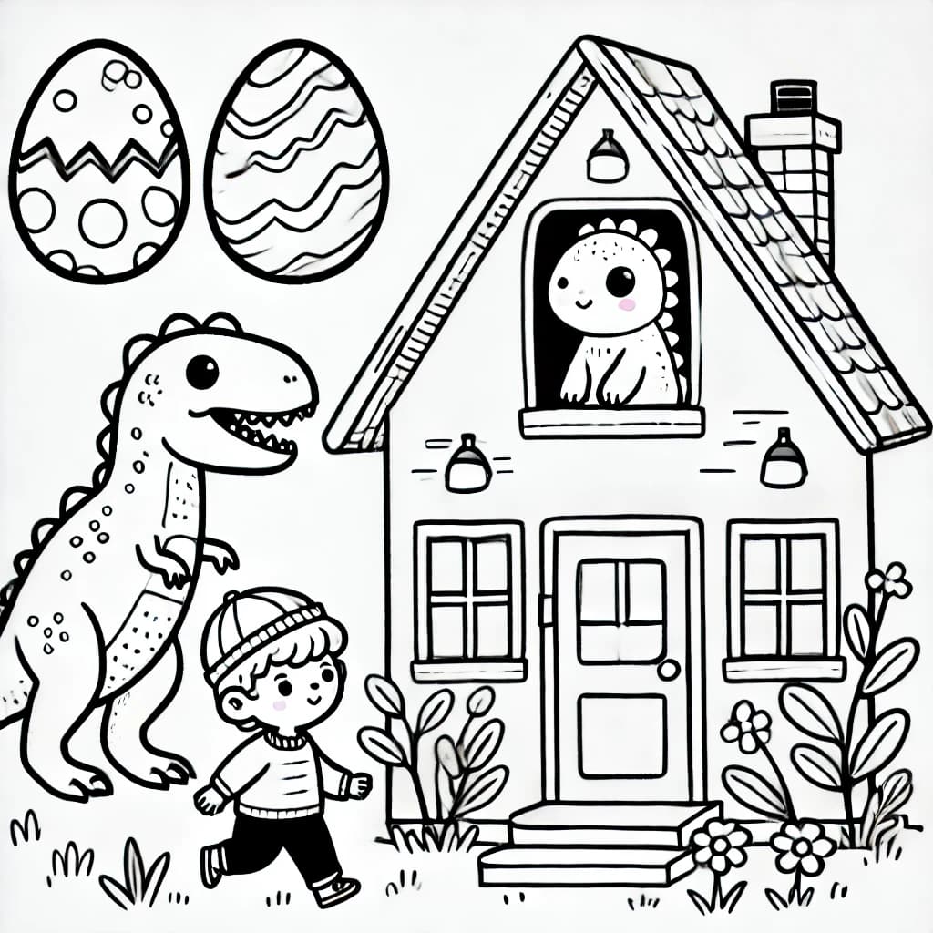 Ausmalbild - Dinosaurier in den Häusern - Dinosaurier, Häuser, Ei, Kinder