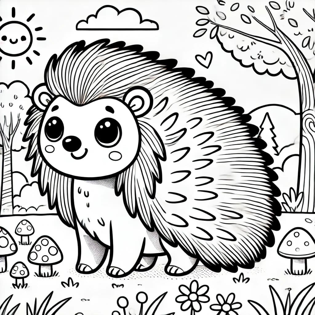 Ausmalbild - Fröhliches Stachelschwein im Wald - Stachelschwein, Wald, Tiere, Natur