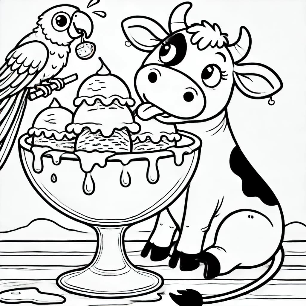 Ausmalbild - Die Kuh und der Papagei genießen ein Eis - Kuh, Papagei, Eisbecher, Süßigkeit