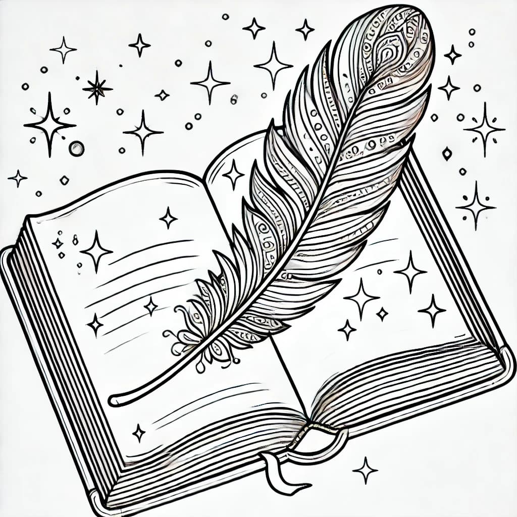 Ausmalbild - Die glitzernde Feder auf dem Buch - Feder, Buch, Magie, Glitzer