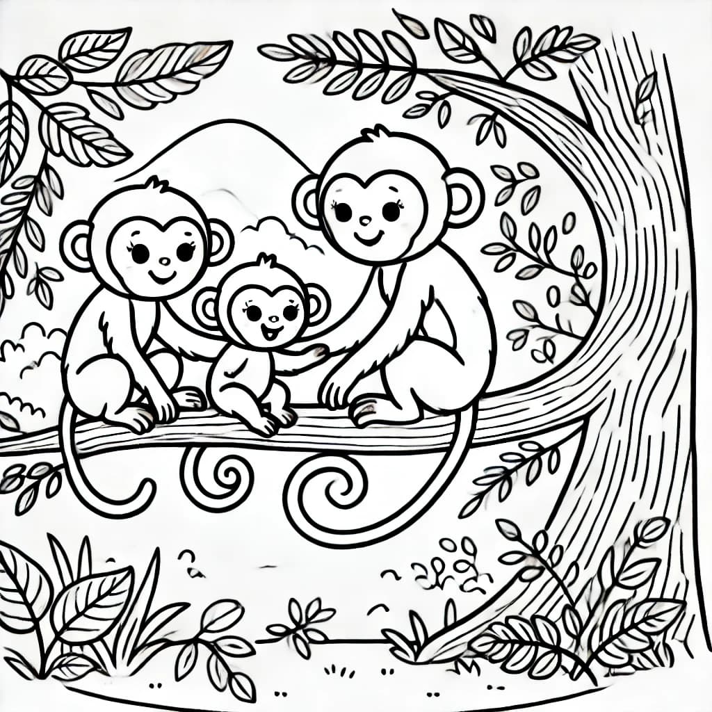 Ausmalbild - Affenfamilie im Dschungel - Affen, Dschungel, Familie, Tiere