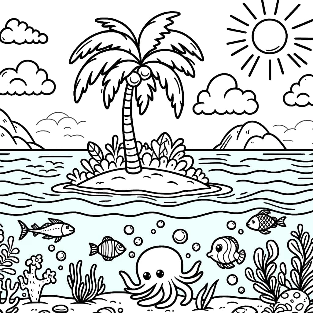 Ausmalbild - Meereslandschaft - Meereslandschaft, Insel, Palme, Delfin