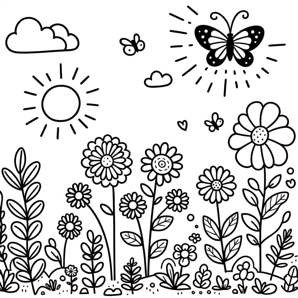 Ausmalbild - Kleiner Garten - Garten, Blumen, Schmetterling, Sonne