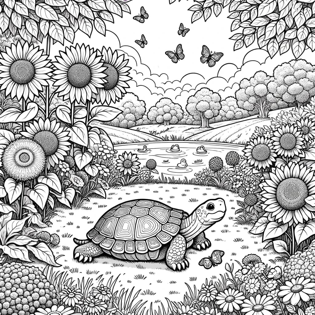 Ausmalbild - Der Garten der Schildkröte - Schildkröte, Garten, Sonnenblumen, Gänseblümchen