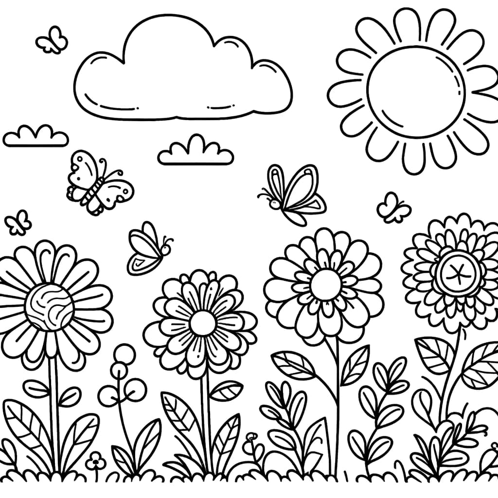 Ausmalbild - Der fröhliche Garten - Garten, Blumen, Schmetterlinge, Sonne