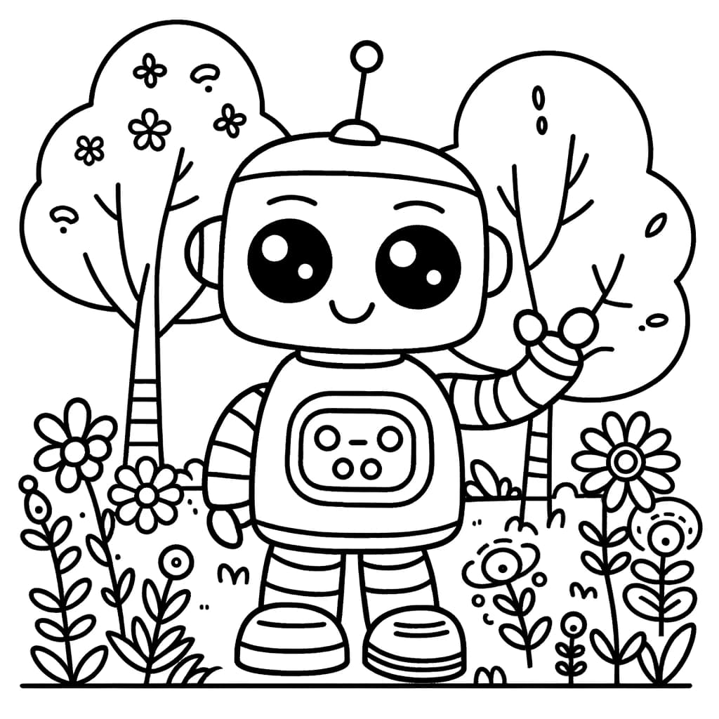 Ausmalbild - Freundlicher Roboter im Garten - Roboter, Garten, Blumen, Bäume