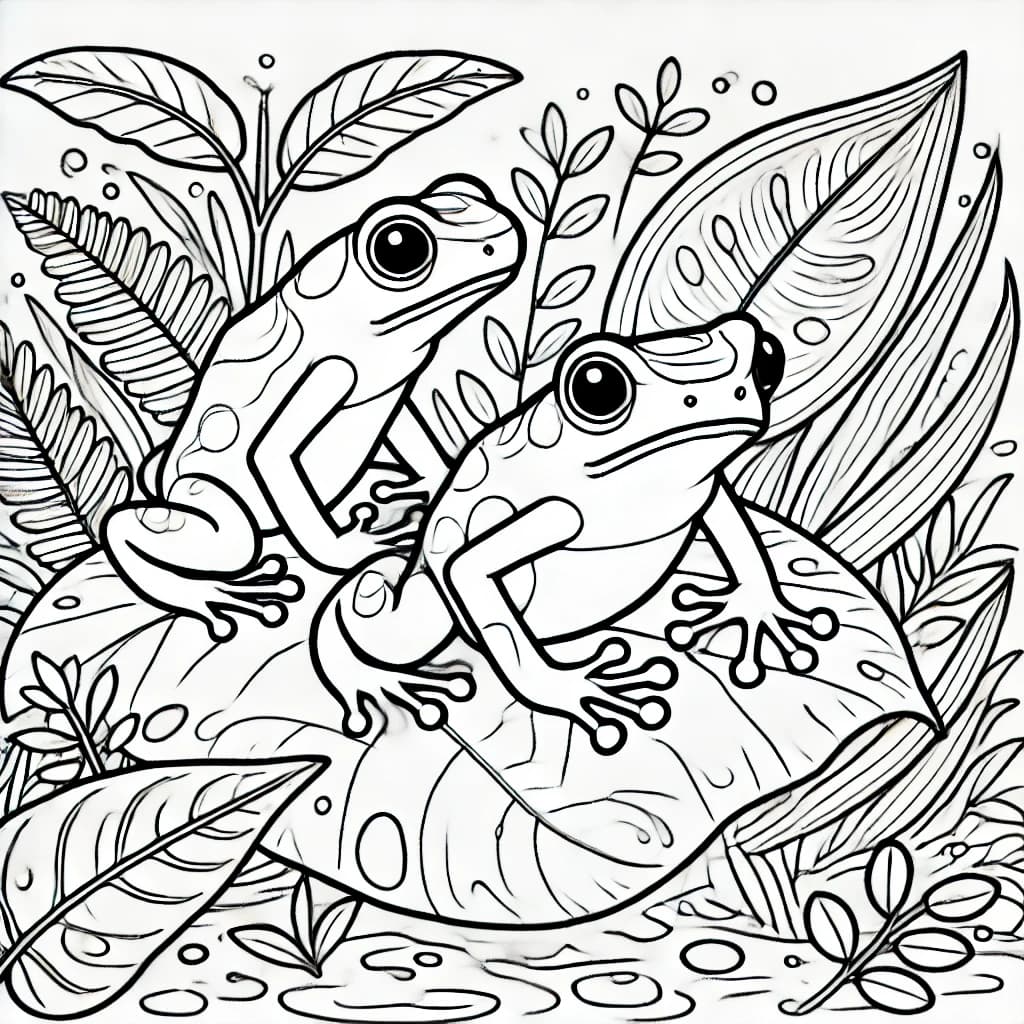 Ausmalbild - Zwei Blauer Pfeilgiftfrösche im Dschungel - Frosch, Dschungel, Blätter, Natur